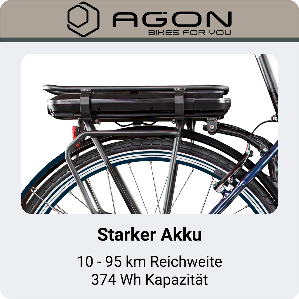 Detailaufnahme des Akkus am Gepäckträger mit Angaben zur Reichweite von 10 bis 95 km und einer Kapazität von 374 Wh.