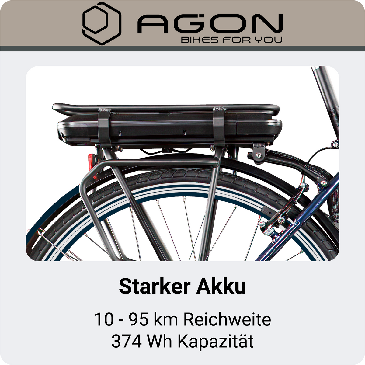 Detailaufnahme des Akkus am Gepäckträger mit Angaben zur Reichweite von 10 bis 95 km und einer Kapazität von 374 Wh.
