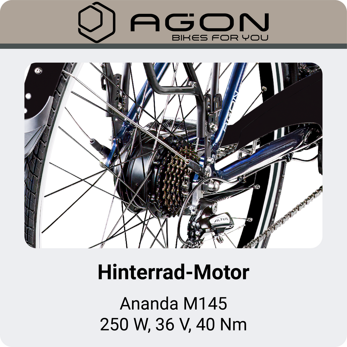 Detailansicht des Ananda M145 Hinterradmotors mit technischen Daten wie 250 Watt Leistung und 40 Nm Drehmoment.