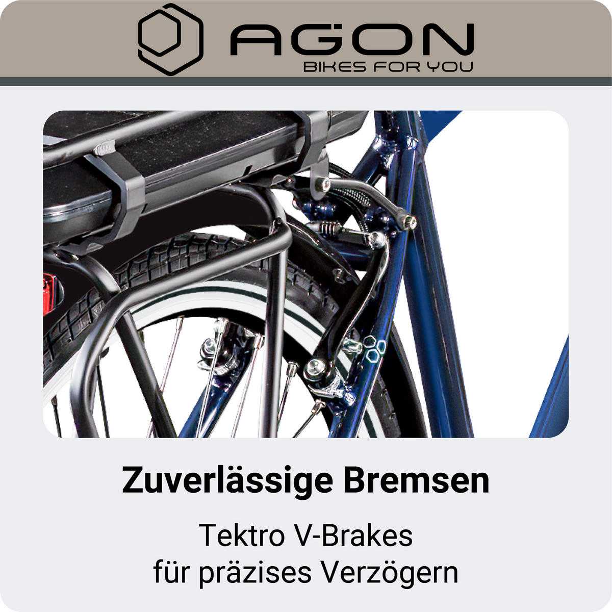 Nahaufnahme der Tektro V-Brake Felgenbremse am Laufrad für zuverlässige Verzögerung im Alltag.