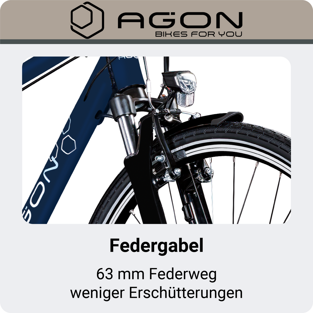 Detailbild der Federgabel mit 63 mm Federweg zur Reduzierung von Erschütterungen während der Fahrt.