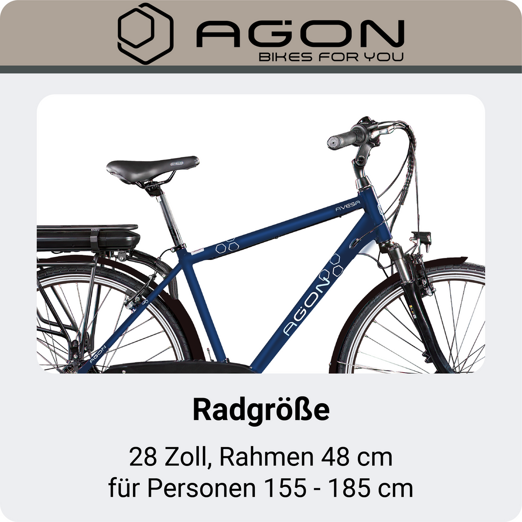 Größenübersicht des E-Bikes mit 28 Zoll Laufradgröße und 48 cm Rahmenhöhe für Personen zwischen 155 und 185 cm.
