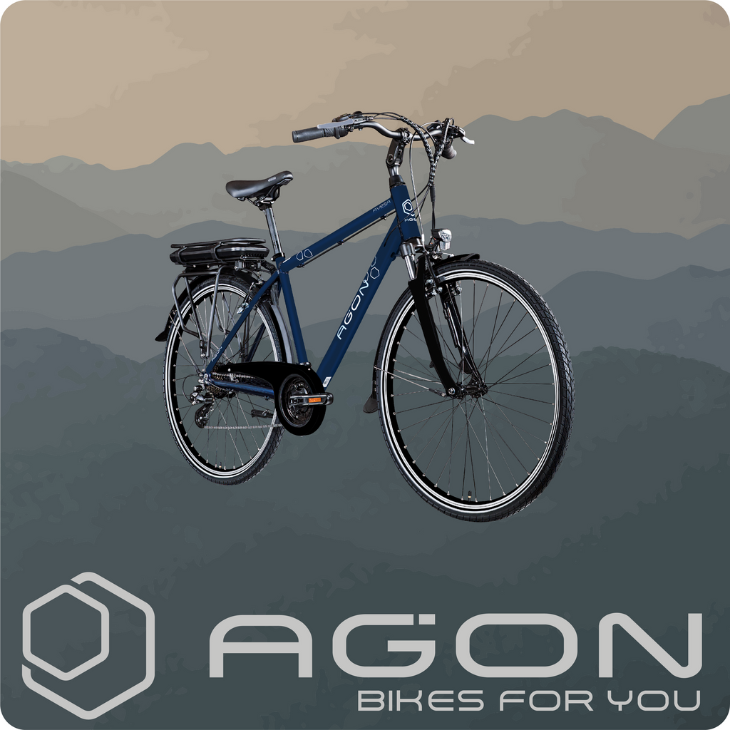 Agon Avesa E-Trekkingbike vor einer stilisierten Gebirgskulisse mit dem Schriftzug Agon Bikes for you.