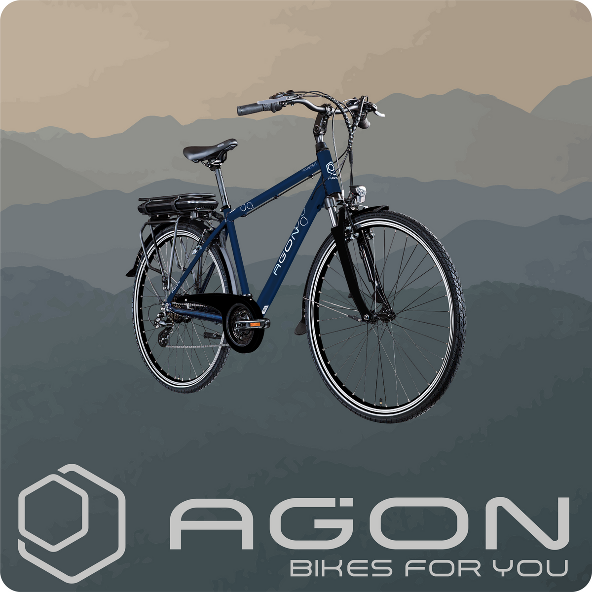 Agon Avesa E-Trekkingbike vor einer stilisierten Gebirgskulisse mit dem Schriftzug Agon Bikes for you.