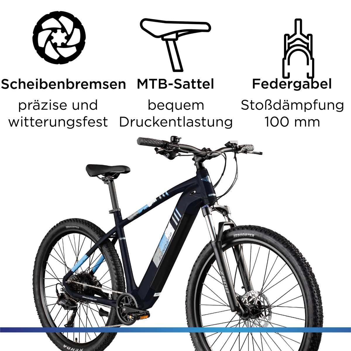 Detail-Infografik zur Hardware: Witterungsfeste Scheibenbremsen, ergonomischer MTB-Sattel und eine 100 mm Federgabel zur Stoßdämpfung.