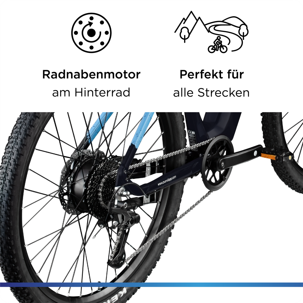 Nahaufnahme des Hinterrad-Nabenmotors am E-Bike; Symbole verdeutlichen die Eignung für vielfältige Streckenprofile und das Gelände.