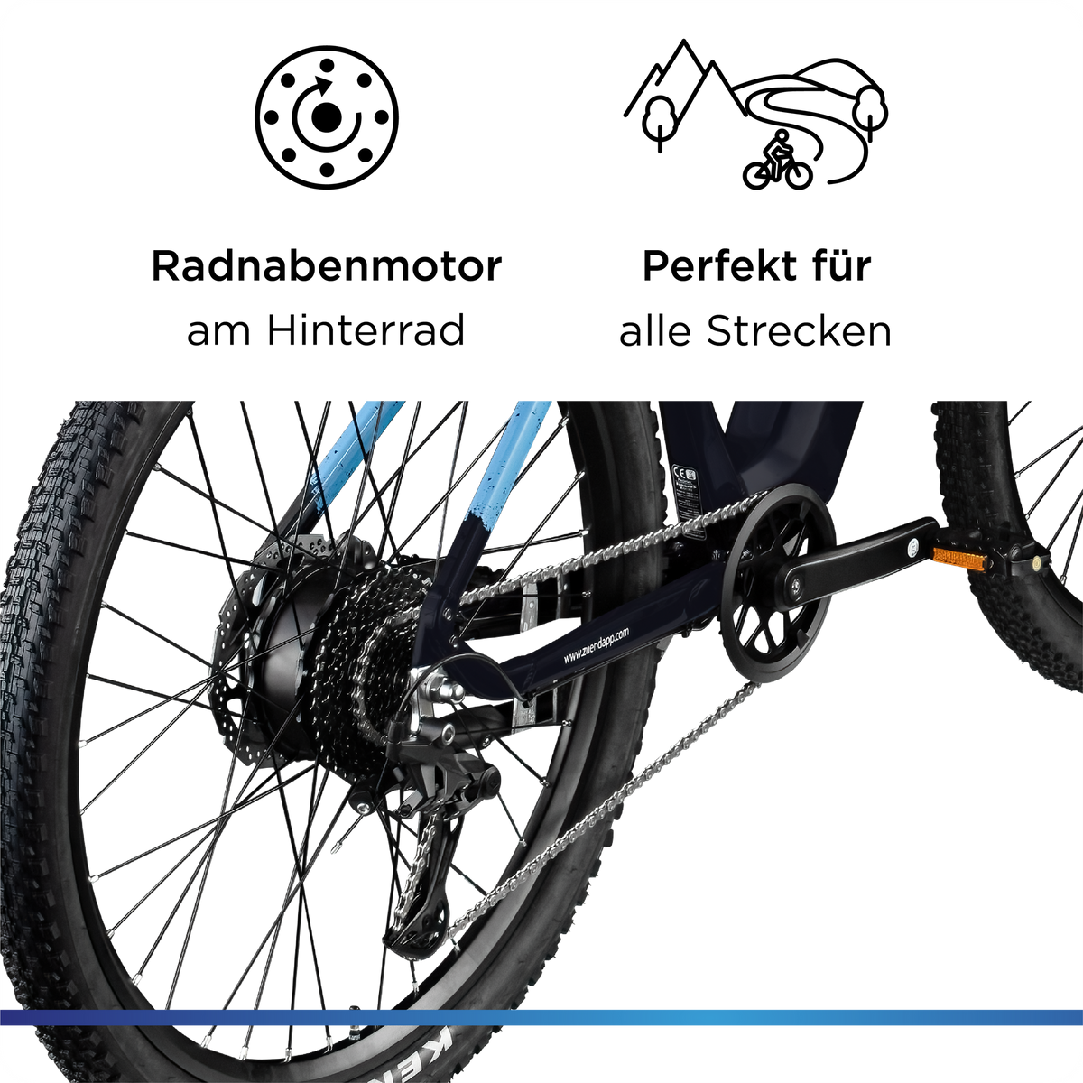 Nahaufnahme des Hinterrad-Nabenmotors am E-Bike; Symbole verdeutlichen die Eignung für vielfältige Streckenprofile und das Gelände.