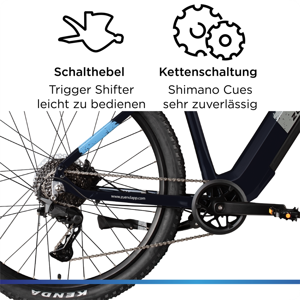 Technische Detailansicht der Schaltung: Shimano Cues Kettenschaltung und leicht zu bedienende Trigger-Schalthebel am Lenker.