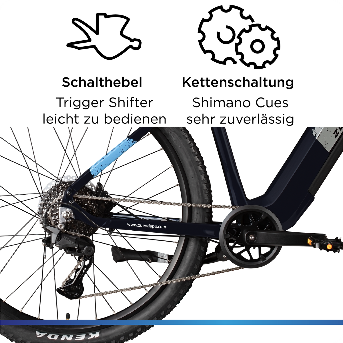 Technische Detailansicht der Schaltung: Shimano Cues Kettenschaltung und leicht zu bedienende Trigger-Schalthebel am Lenker.