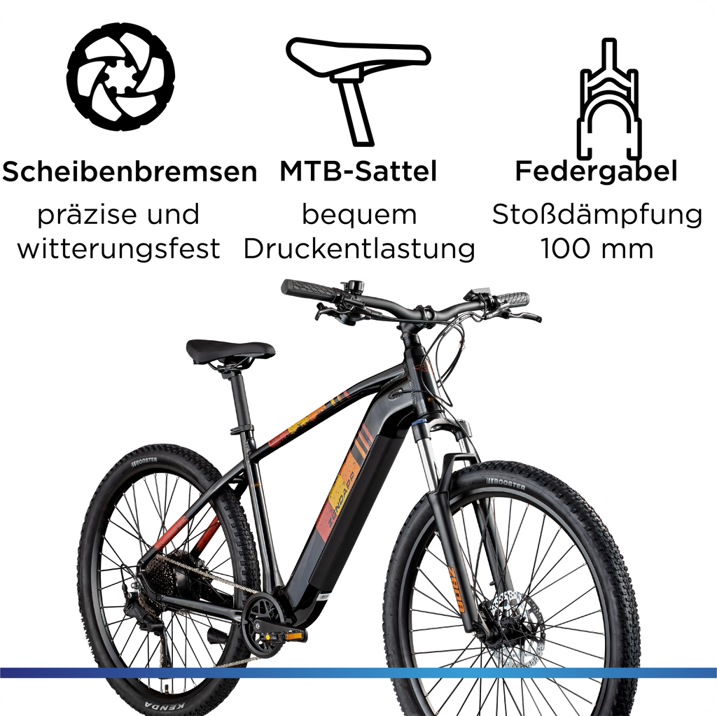 Detail-Infografik zur Hardware: Witterungsfeste Scheibenbremsen, ergonomischer MTB-Sattel und eine 100 mm Federgabel zur Stoßdämpfung.