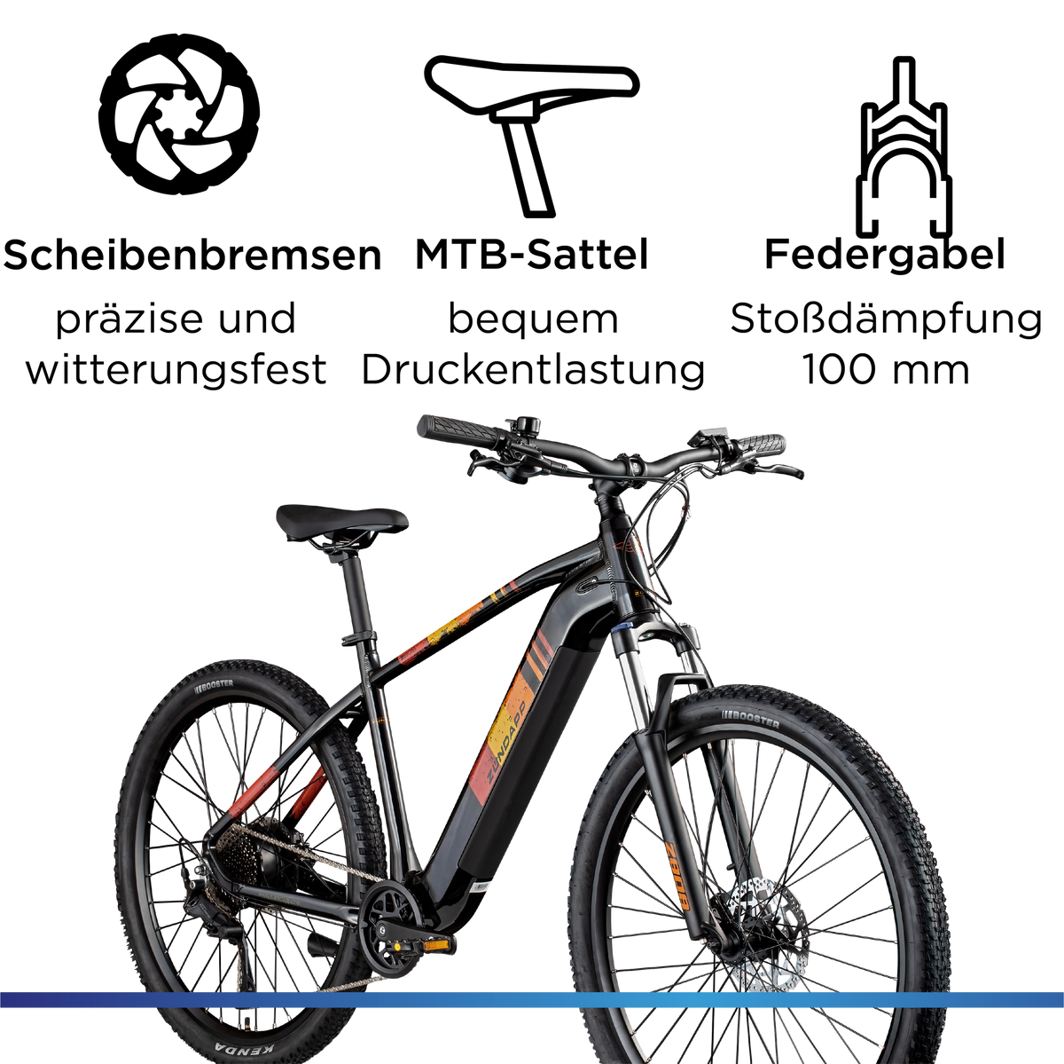 Detail-Infografik zur Hardware: Witterungsfeste Scheibenbremsen, ergonomischer MTB-Sattel und eine 100 mm Federgabel zur Stoßdämpfung.