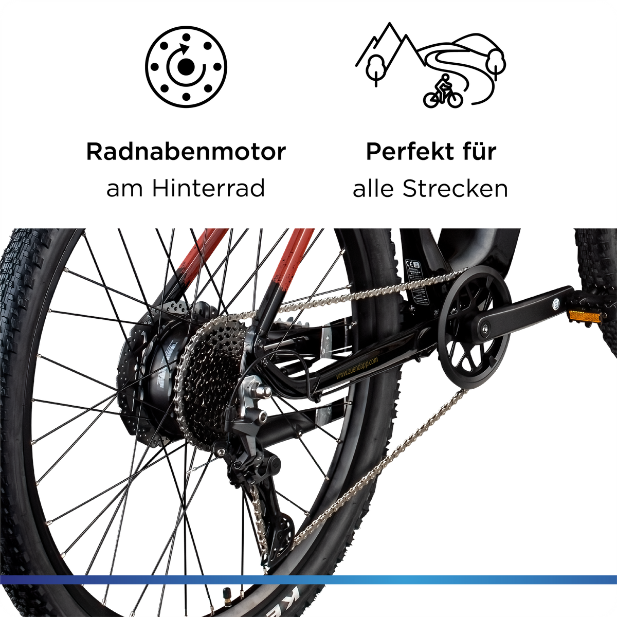 Nahaufnahme des Hinterrad-Nabenmotors am E-Bike; Symbole verdeutlichen die Eignung für vielfältige Streckenprofile und das Gelände.