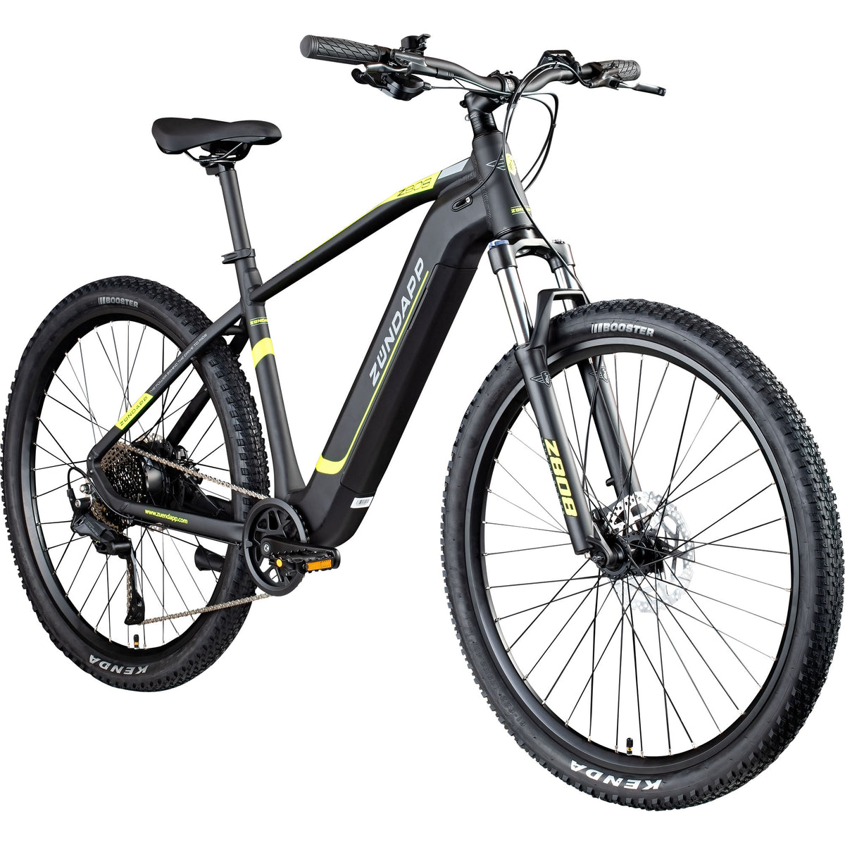 Zündapp E-Mountainbike Z808 in Schrägansicht von vorne rechts; sportliches Hardtail-Design mit integriertem Akku und Federgabel.