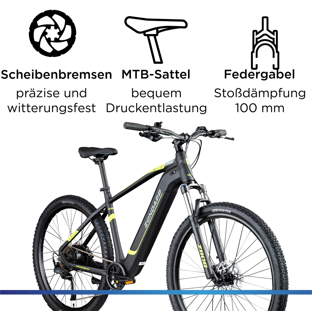 Detail-Infografik zur Hardware: Witterungsfeste Scheibenbremsen, ergonomischer MTB-Sattel und eine 100 mm Federgabel zur Stoßdämpfung.