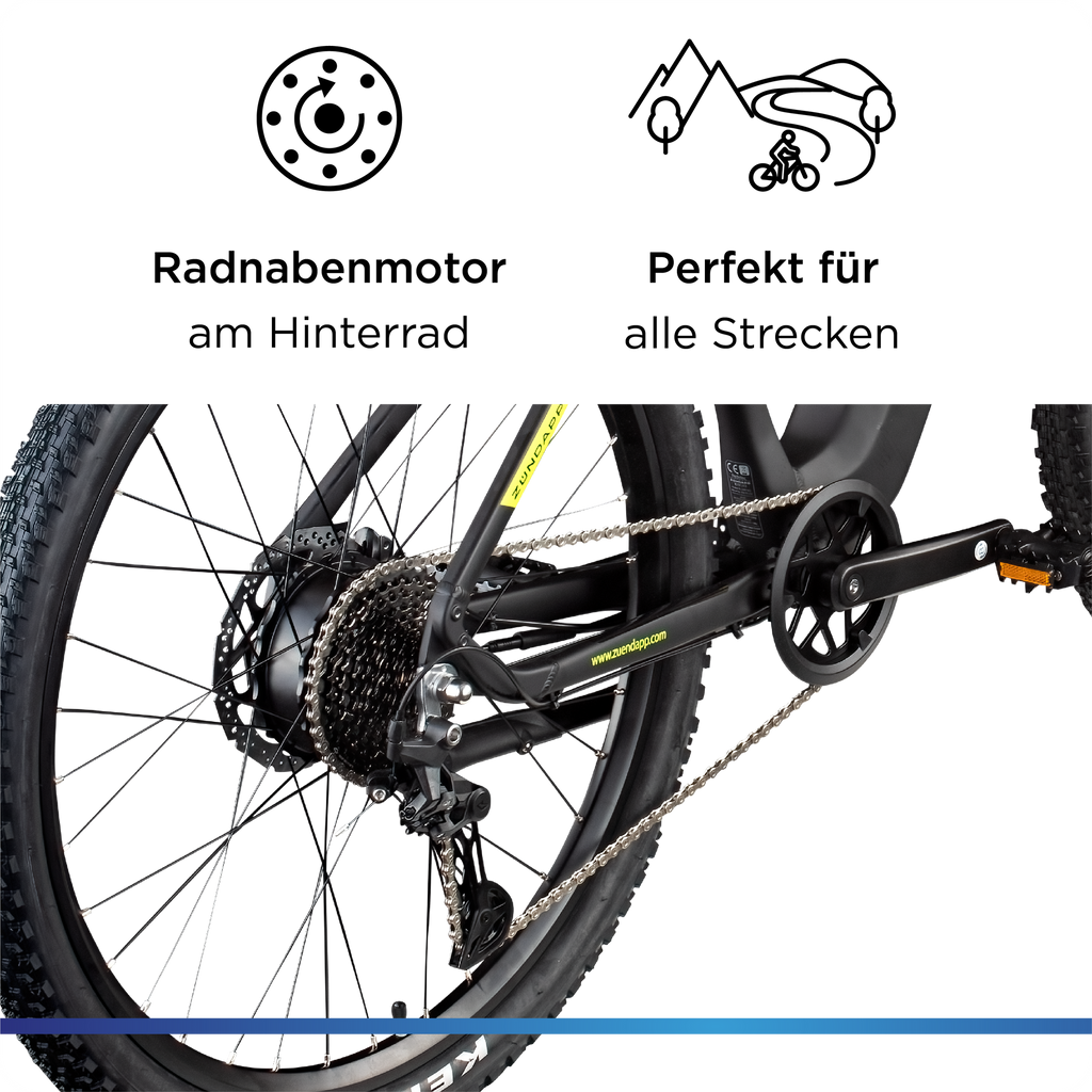 Nahaufnahme des Hinterrad-Nabenmotors am E-Bike; Symbole verdeutlichen die Eignung für vielfältige Streckenprofile und das Gelände.