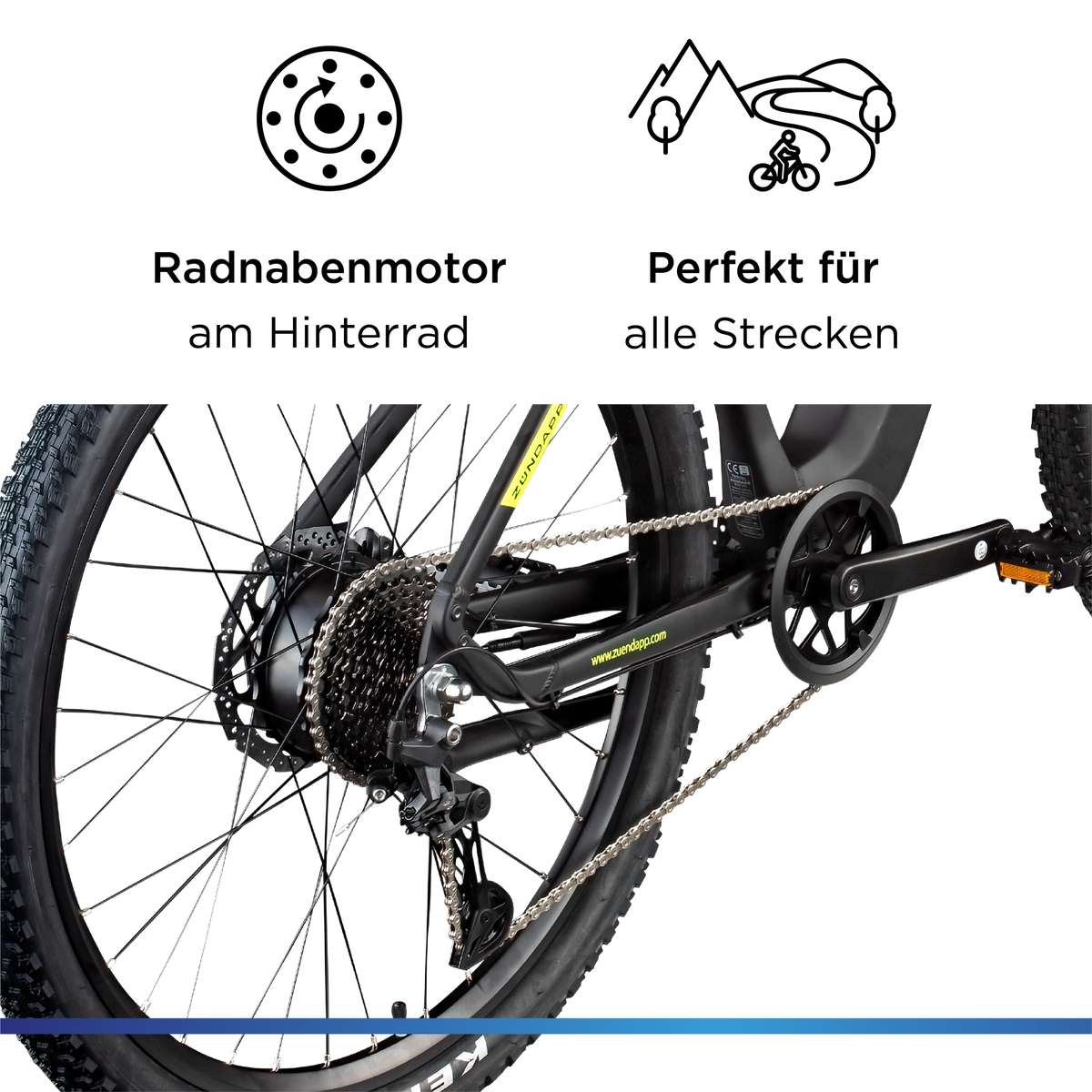 Nahaufnahme des Hinterrad-Nabenmotors am E-Bike; Symbole verdeutlichen die Eignung für vielfältige Streckenprofile und das Gelände.
