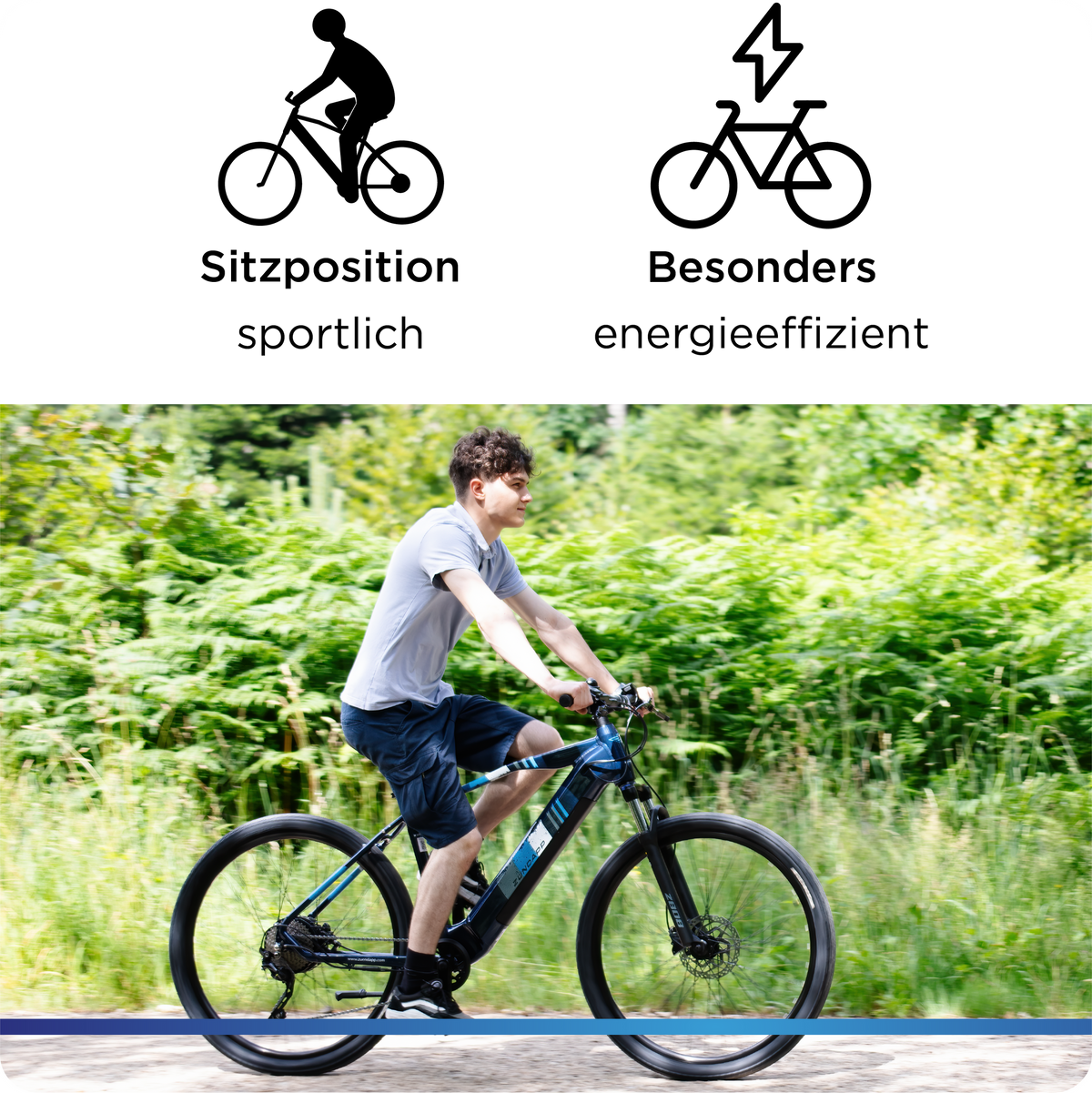 Ein junger Mann fährt das E-Mountainbike auf einem Waldweg; Text hebt die sportliche Sitzposition und die energieeffiziente Technik hervor.