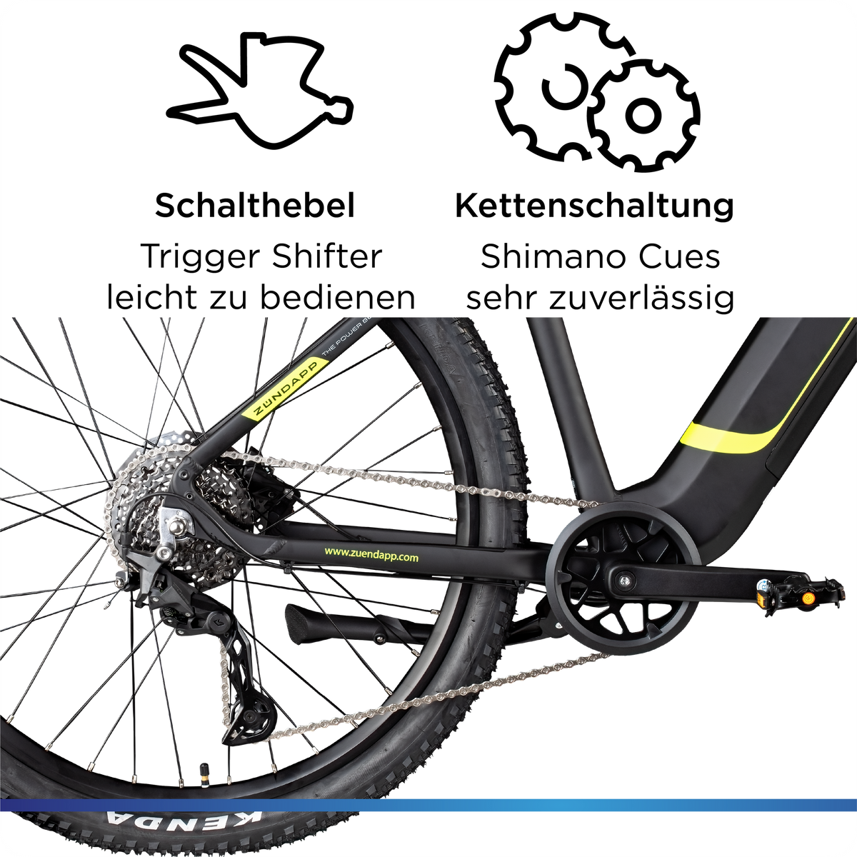 Technische Detailansicht der Schaltung: Shimano Cues Kettenschaltung und leicht zu bedienende Trigger-Schalthebel am Lenker.